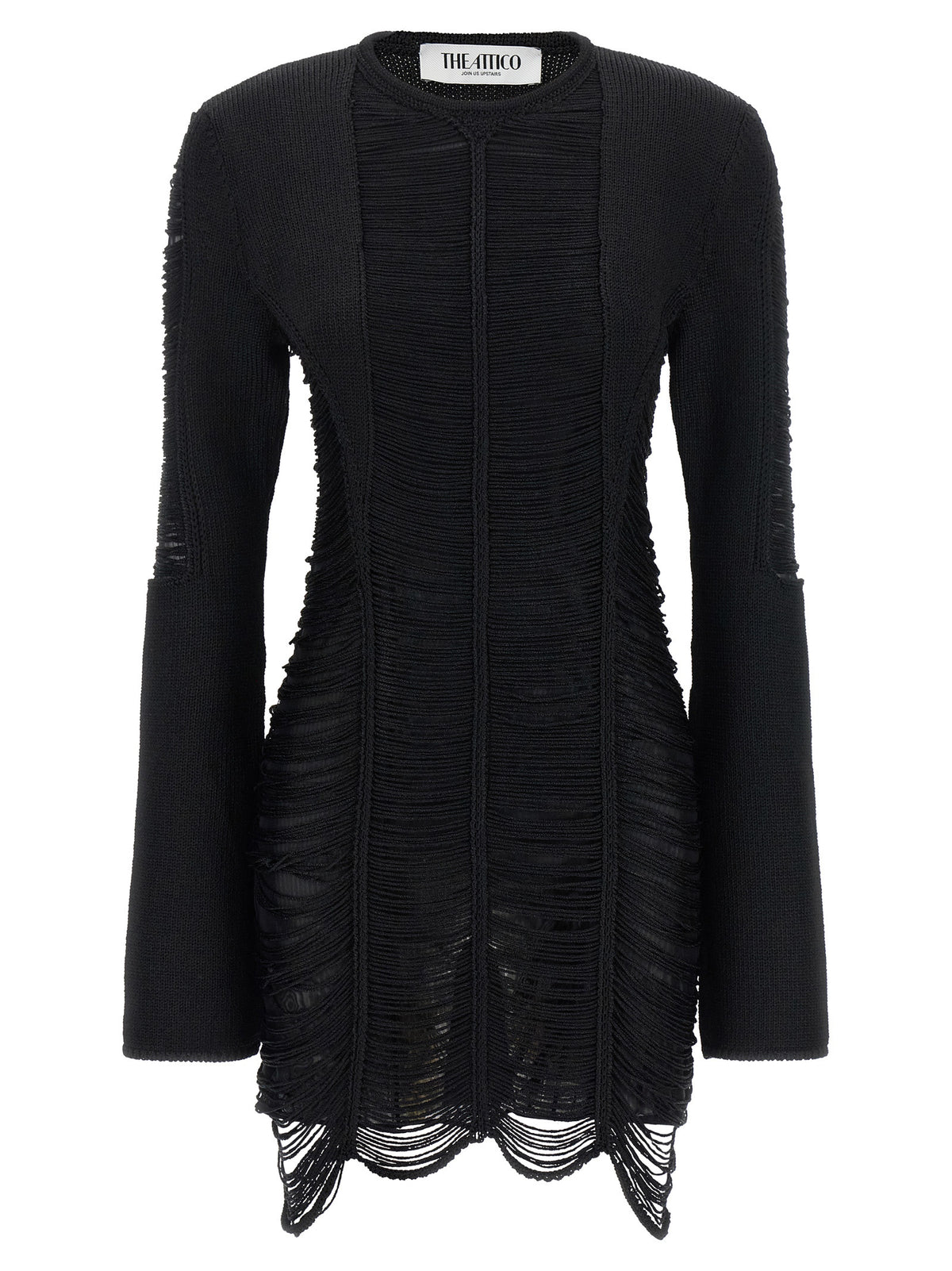 Dress by The Attico for women in polyester & viscose black, silver & transparent showcases a striking silhouette, elegantly detailed with a long-sleeve, refined crew neckline, and a striking short mini for a striking finish.