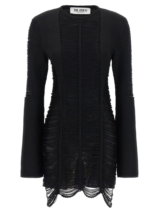 Dress by The Attico for women in polyester & viscose black, silver & transparent showcases a striking silhouette, elegantly detailed with a long-sleeve, refined crew neckline, and a striking short mini for a striking finish.