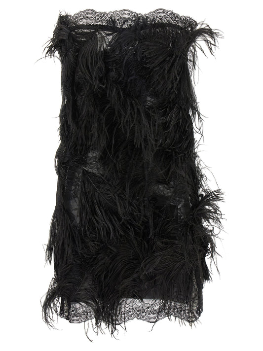 Dress by The Attico for women in ostrich leather polyamide & feathers black features an eye catching silhouette with a sophisticated strapless neckline, elegant strapless, and a refined short mini for a eye catching aesthetic.