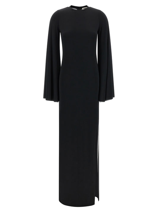 Dress by Darkpark for women in stretch polyester black features an sultry silhouette defined by a crew split neckline and , falling to an sultry long for a sultry look.