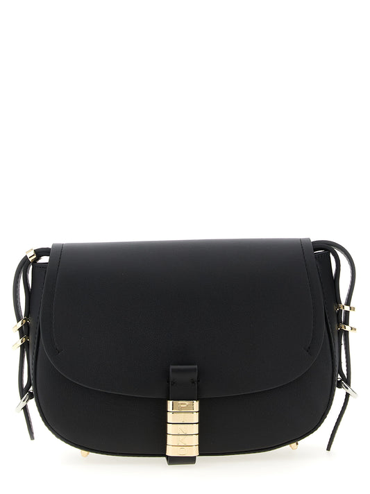 Mini Crossbody Saddle Handbag by PINKO for women in cotton & calfskin leather black, gold & silver showcases a versatile sophistication silhouette, featuring a secure flap & magnetic, versatile sophistication , and versatile crossbody-strap, shoulder-strap & adjustable-strap for a versatile sophistication finish.