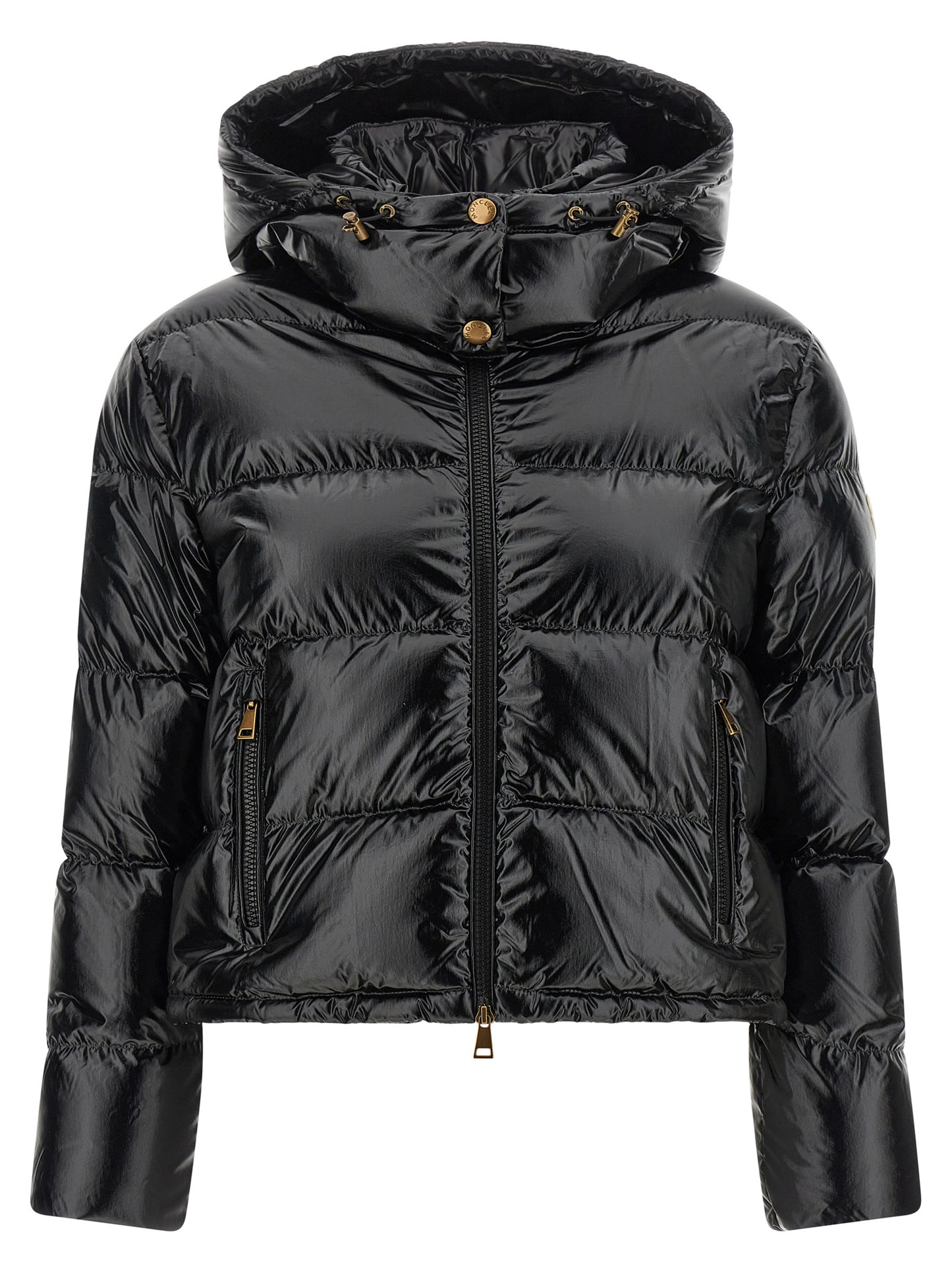 Hooded Puffer Jacket by Moncler for women in polyamide & felt black & gold features an contemporary silhouette, showcasing a sophisticated hooded high-neck neckline and contemporary hooded & insulated for a truly refined look.