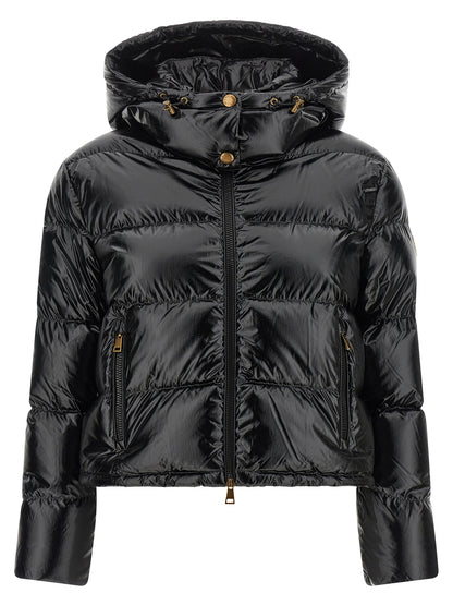 Hooded Puffer Jacket by Moncler for women in polyamide & felt black & gold features an contemporary silhouette, showcasing a sophisticated hooded high-neck neckline and contemporary hooded & insulated for a truly refined look.