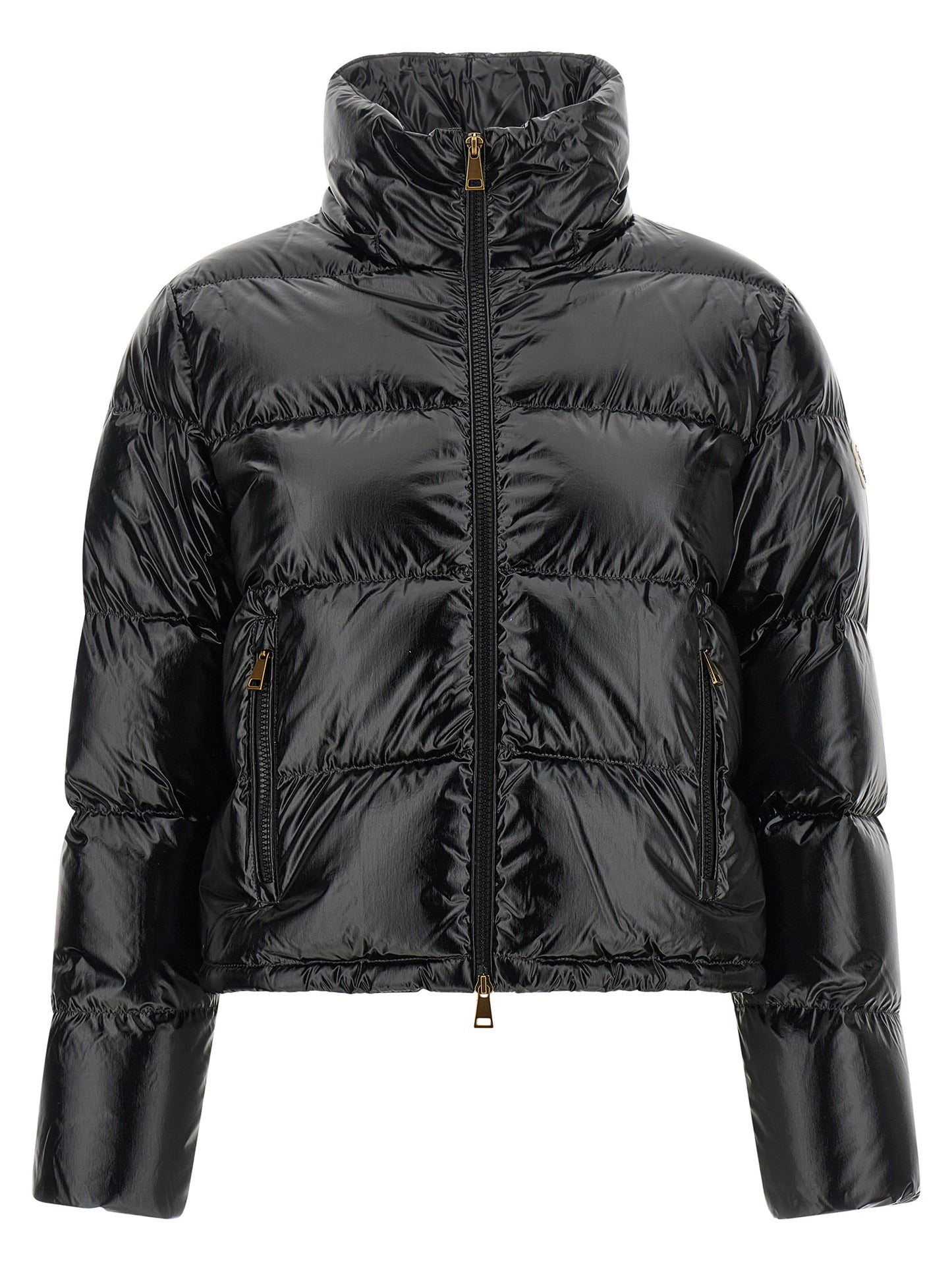 Hooded Puffer Jacket by Moncler for women in polyamide & felt black & gold showcases a bohemian silhouette, artfully detailed with a bohemian hooded high-neck neckline and signature hooded & insulated for a truly bohemian finish.
