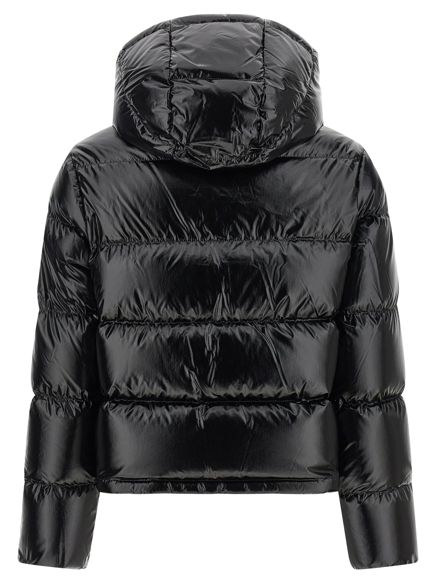 Hooded Puffer Jacket by Moncler for women in polyamide & felt black & gold showcases a bohemian silhouette, artfully detailed with a bohemian hooded high-neck neckline and signature hooded & insulated for a truly bohemian finish.