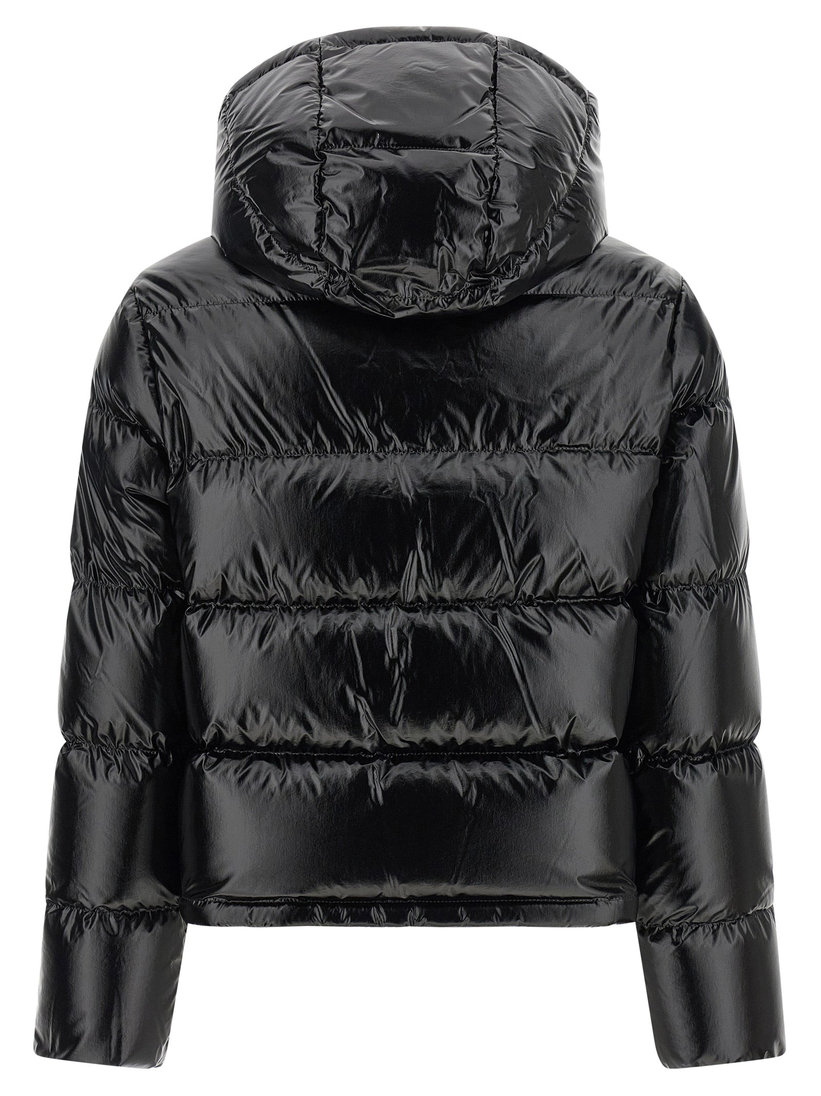 Hooded Puffer Jacket by Moncler for women in polyamide & felt black & gold showcases a bohemian silhouette, artfully detailed with a bohemian hooded high-neck neckline and signature hooded & insulated for a truly bohemian finish.