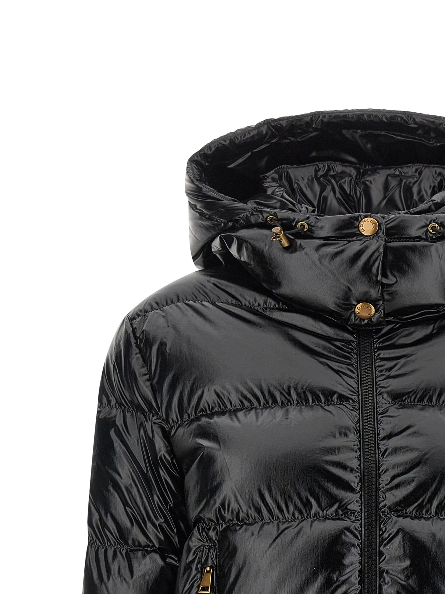 This Hooded Puffer Jacket by Moncler for women in polyamide & felt black & gold exhibits a edgy silhouette, meticulously detailed with functional hooded & insulated and a edgy hooded high-neck neckline for a edgy finish.
