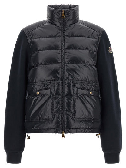 Cardigan by Moncler for women in polyamide & cotton blue & gold showcases a luxurious silhouette, meticulously detailed with a sophisticated high-neck neckline and for a refined finish.
