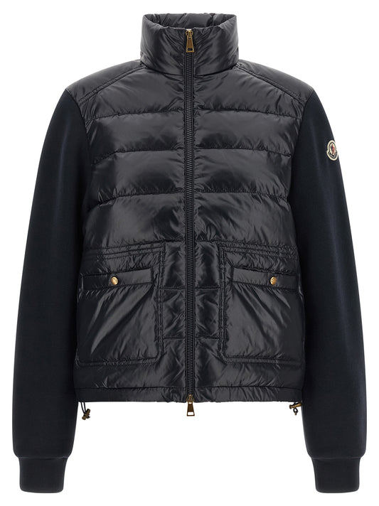 Cardigan by Moncler for women in polyamide & cotton blue & gold showcases a luxurious silhouette, meticulously detailed with a sophisticated high-neck neckline and for a refined finish.