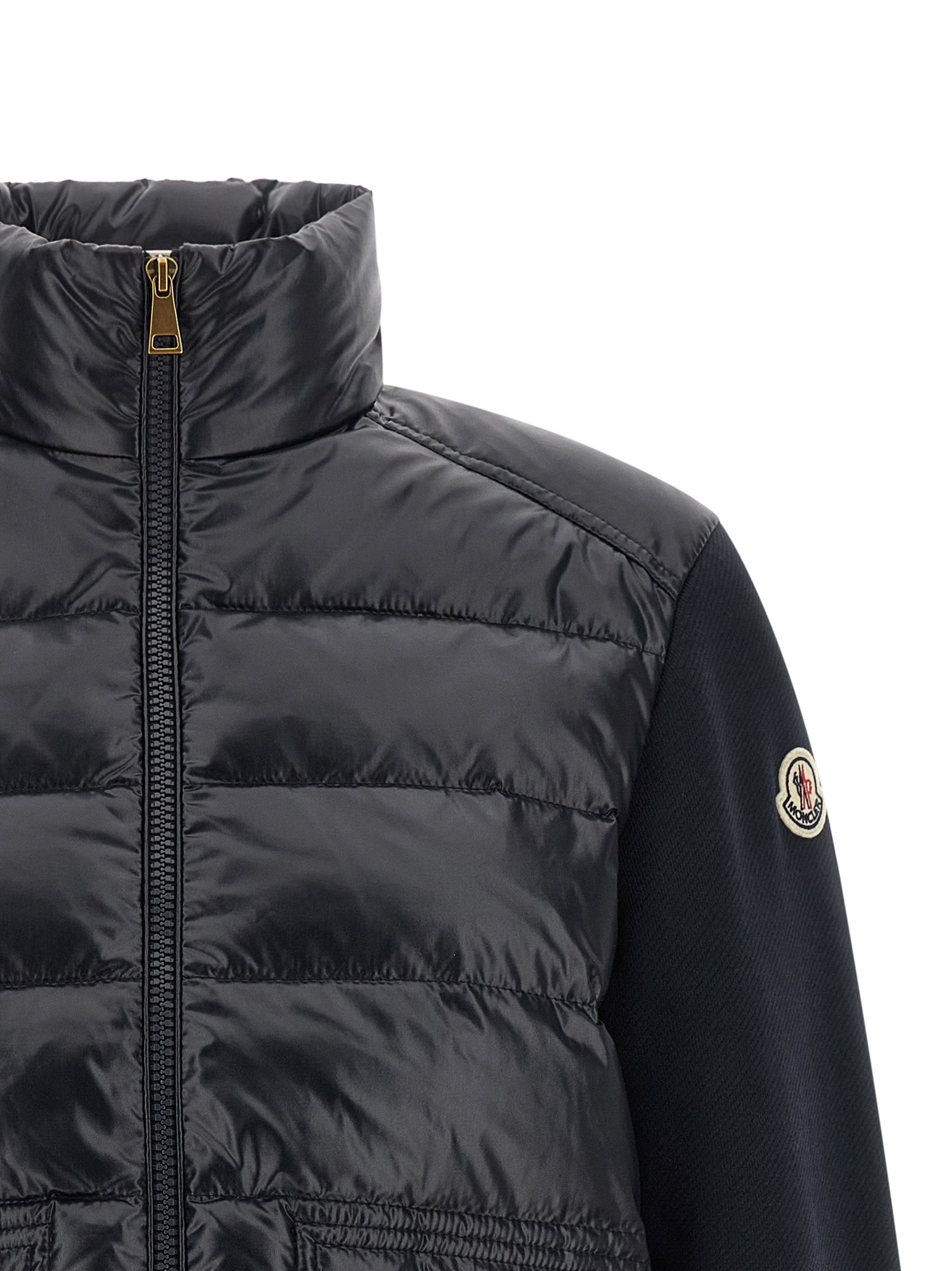 Cardigan by Moncler for women in polyamide & cotton blue & gold features an crisp silhouette, showcasing a sophisticated high-neck neckline and detail for a truly crisp finish.