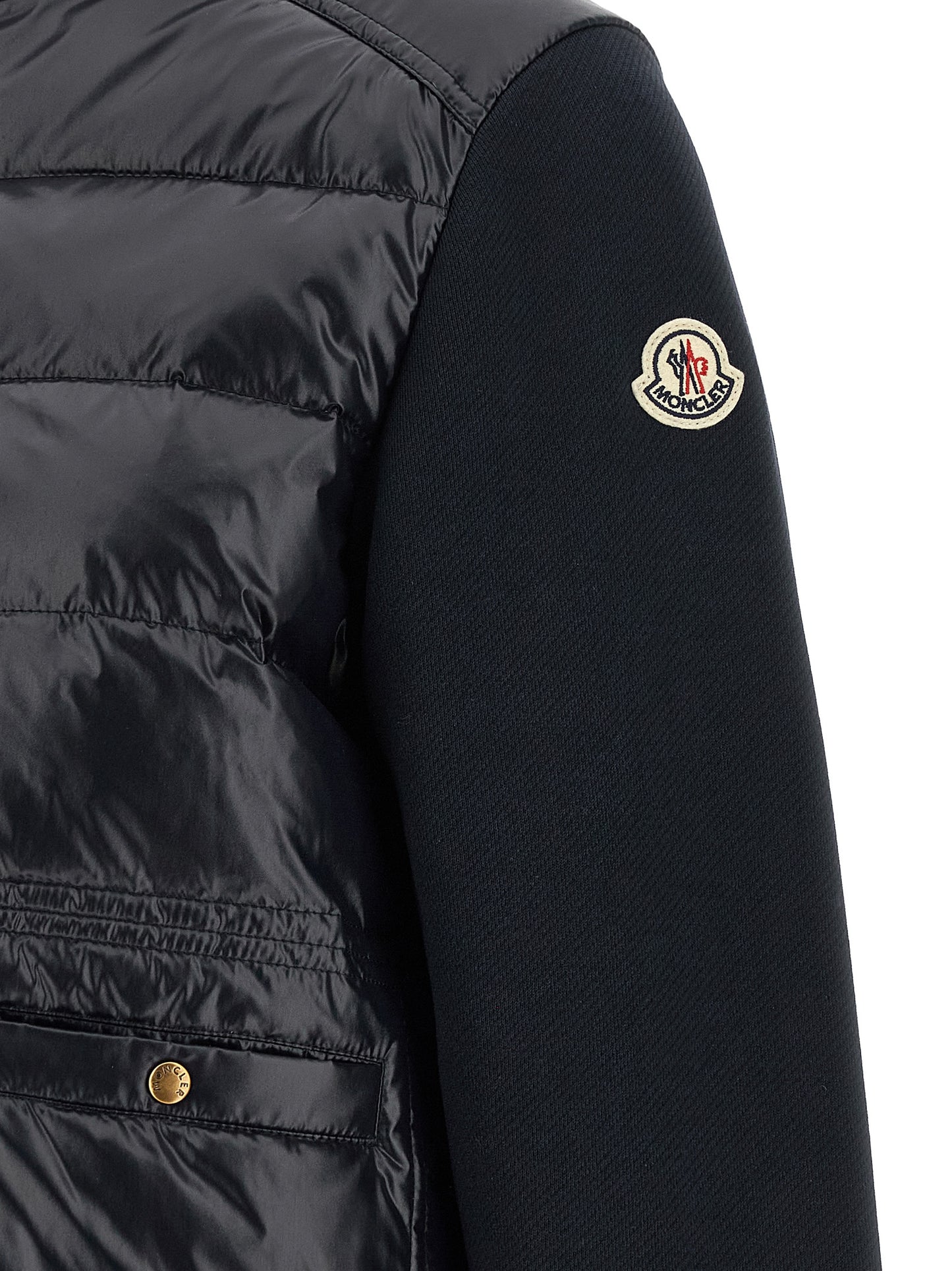 Cardigan by Moncler for women in polyamide & cotton blue & gold showcases a captivating silhouette, artfully detailed with a captivating and for a truly sophisticated captivating look.