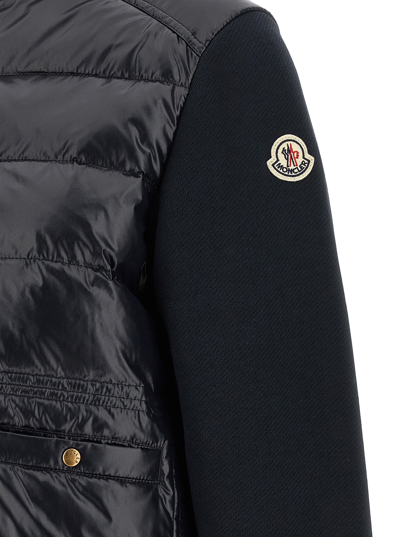 Cardigan by Moncler for women in polyamide & cotton blue & gold showcases a captivating silhouette, artfully detailed with a captivating and for a truly sophisticated captivating look.