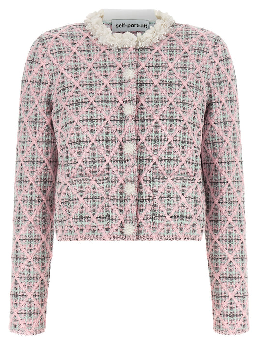 Cardigan by Self-Portrait for women in polyester cotton & alpaca wool mint-green, multicolor, pink, patterned & floral features an impeccable silhouette, showcasing a sophisticated and detail for a truly impeccable finish.