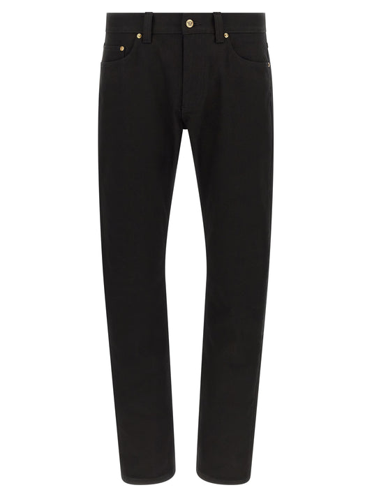 Jeans by Versace for men in stretch denim cotton black & gold features an refined tailoring silhouette, showcasing a premium straight-leg with a and long cut for a refined tailoring look.