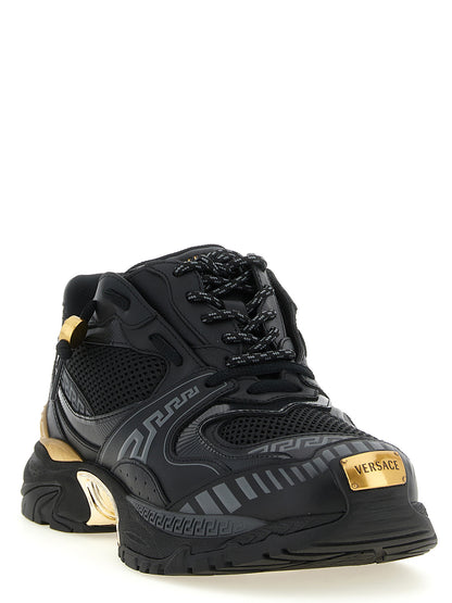 Athletic Sneakers by Versace for men in calfskin leather black, gold & multicolor features an effortless chic silhouette, showcasing the signature chunky style of the Medusa Men's Chunky Calfskin Leather Athletic Sneakers collection with a truly effortless chic finish.