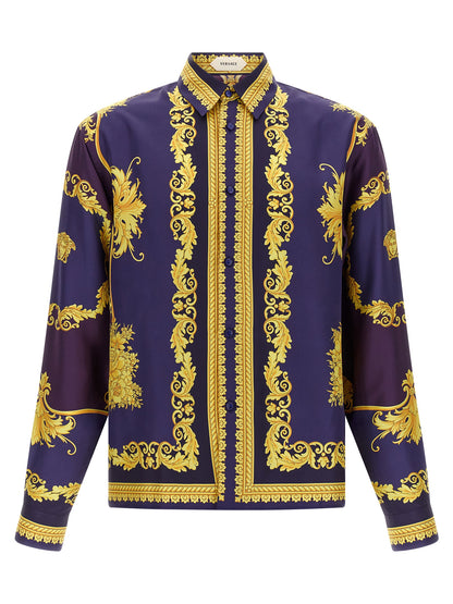 Shirt by Versace for men in silk twill gold, multicolor, purple & print features an polished silhouette, showcasing a sophisticated and detail for a truly polished finish.