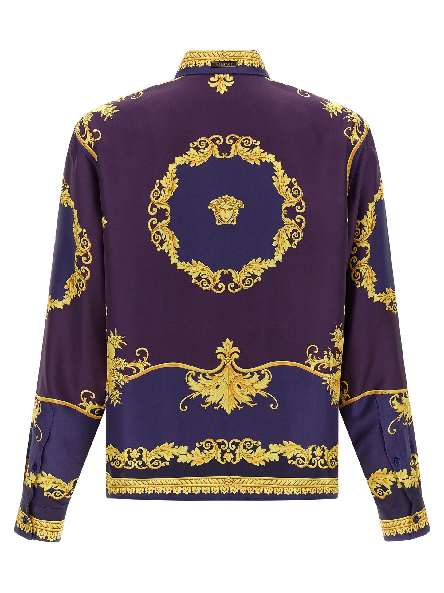 Shirt by Versace for men in silk twill gold, multicolor, purple & print, featuring a nuanced and nuanced for a sophisticated finish.