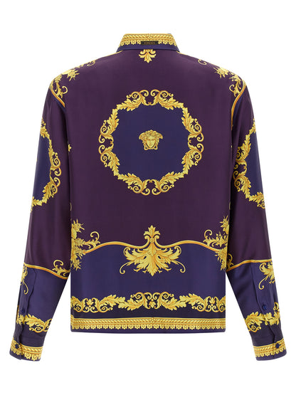 Shirt by Versace for men in silk twill gold, multicolor, purple & print, featuring a nuanced and nuanced for a sophisticated finish.