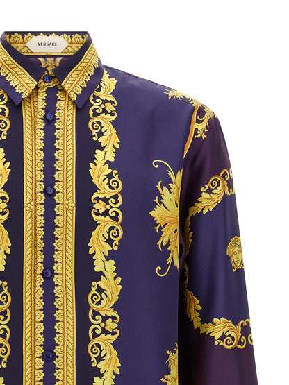 Shirt by Versace for men in silk twill gold, multicolor, purple & print showcases a sharp silhouette, elegantly detailed with a sharp and sharp .