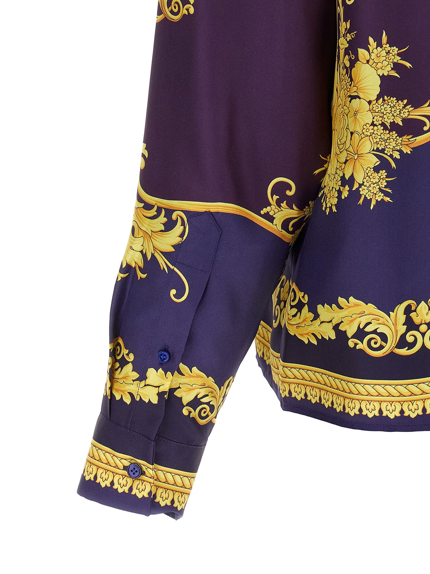 Shirt by Versace for men in silk twill gold, multicolor, purple & print presents a discerning silhouette, showcasing a sophisticated and for a truly discerning finish.