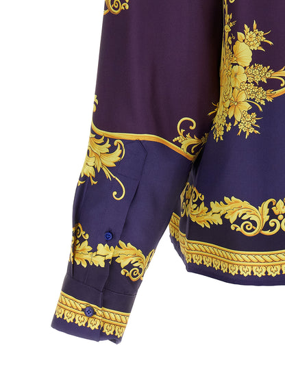 Shirt by Versace for men in silk twill gold, multicolor, purple & print presents a discerning silhouette, showcasing a sophisticated and for a truly discerning finish.
