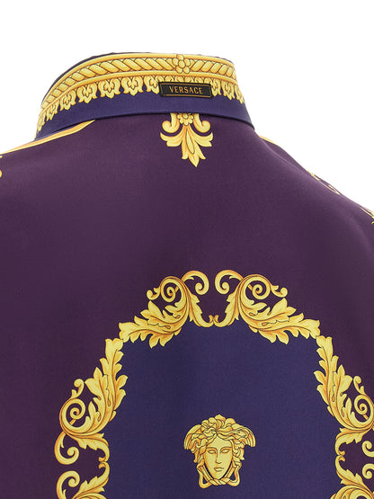 Shirt by Versace for men in silk twill gold, multicolor, purple & print showcases a sublime silhouette, artfully detailed with a sublime and for a sophisticated, sublime finish.