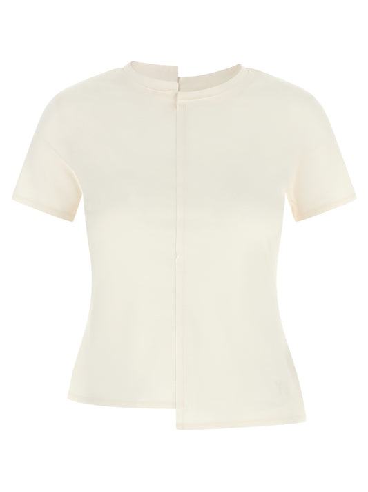 Activewear T-Shirt by Y-3 for women in cotton white features a dynamic silhouette with and split neckline enhanced by functional .