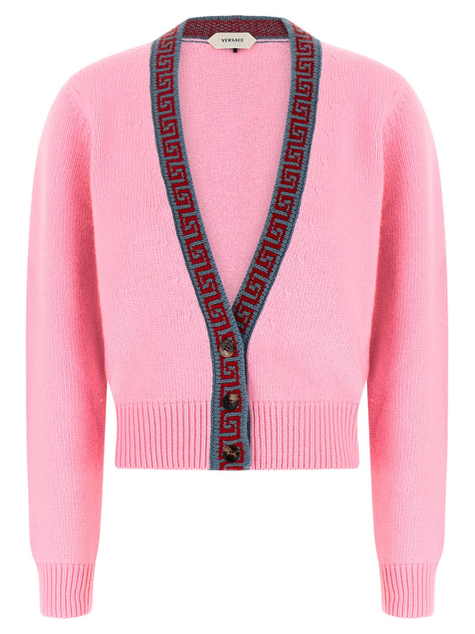 Cardigan by Versace for women in cashmere virgin wool multicolor, pink & jacquard features an crisp silhouette, showcasing a sophisticated v-neck neckline and detail for a truly crisp finish.