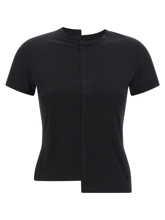 T-Shirt by Y-3 for women in cotton black showcases a fashionable silhouette, elegantly detailed with a fashionable and crew split neckline for a sophisticated, high-fashion look.