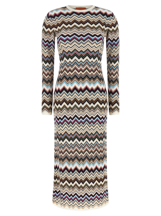 Dress by Missoni for women in polyester viscose wool multicolor, patterned, chevron & signature features an eye catching silhouette with a sophisticated round neckline, elegant long-sleeve, and a refined midi for a eye catching aesthetic.