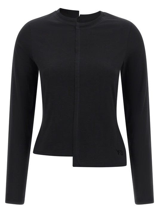 T-Shirt by Y-3 for women in cotton black showcases a unassuming silhouette, artfully detailed with a refined split neckline and unassuming long-sleeve for a sophisticated, contemporary look.
