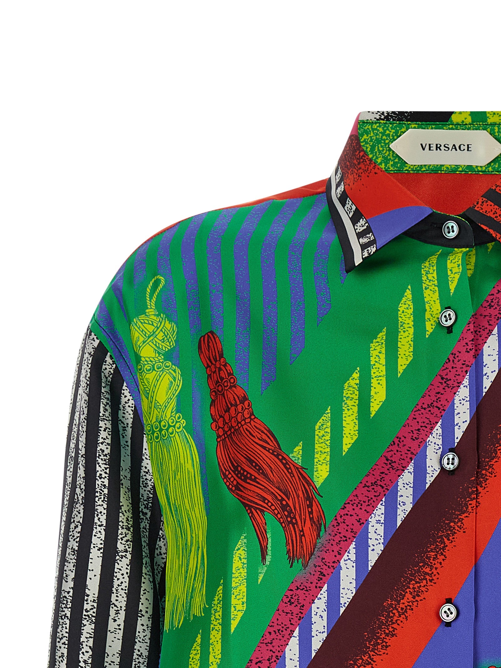Blouse by Versace for women in silk twill gold, multicolor, patterned, print & striped, featuring a nuanced and nuanced for a sophisticated finish.