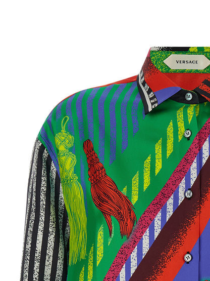 Blouse by Versace for women in silk twill gold, multicolor, patterned, print & striped, featuring a nuanced and nuanced for a sophisticated finish.