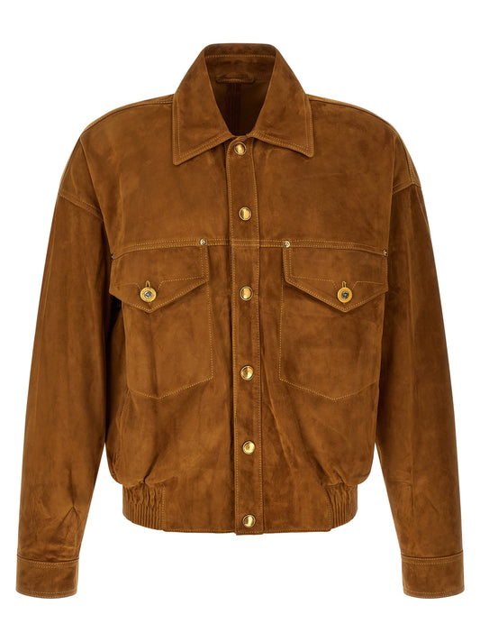 This Jacket by Versace for men in suede lamb leather brown & gold showcases a magnificent silhouette, meticulously crafted with a distinctive and functional pockets for a magnificent finish.