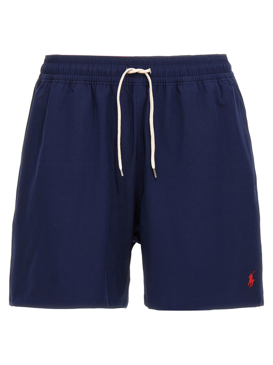 Swim Shorts from Polo Ralph Lauren for men in stretch polyester mesh blue features an sleek silhouette, showcasing the distinct style of the Waves Men's Stretch Polyester Mesh Swim Shorts collection.