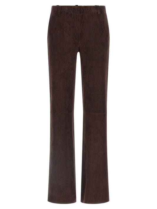 Pants by STOULS for women in suede lamb leather brown features a sleek silhouette with a sleek straight-leg, a refined long, and a sophisticated finish.