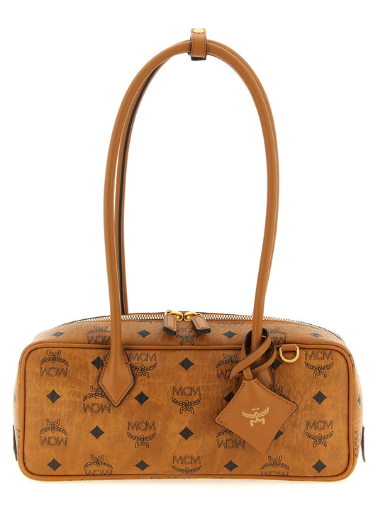 East West Shoulder Bag by MCM for women in suede polyester polyethylene polyurethane leather brown & natural features a distinguished silhouette, showcasing a secure zipper and distinguished with versatile shoulder-strap for a distinguished finish.
