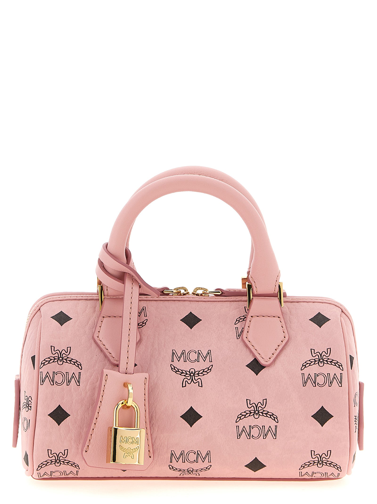 Travel Belt Pouch Handbag by MCM for women in nappa polyester polyethylene polyurethane leather gold, multicolor, pink & monogram features an refined silhouette, showcasing a secure zipper, ample , and versatile shoulder-strap for a sophisticated refined aesthetic.