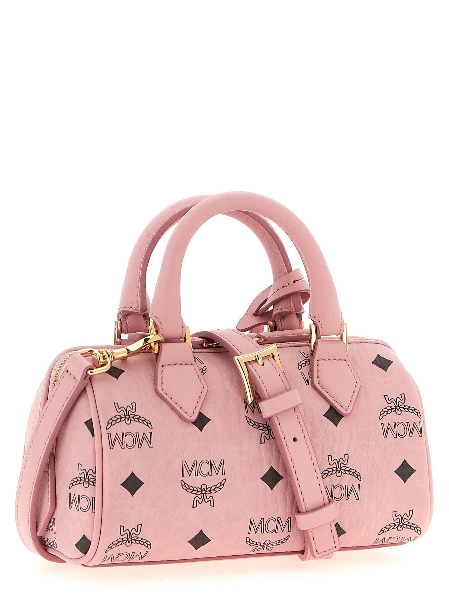 Travel Belt Pouch Handbag by MCM for women in nappa polyester polyethylene polyurethane leather gold, multicolor, pink & monogram features a signature silhouette, showcasing a secure zipper and signature with versatile shoulder-strap for a sophisticated look.