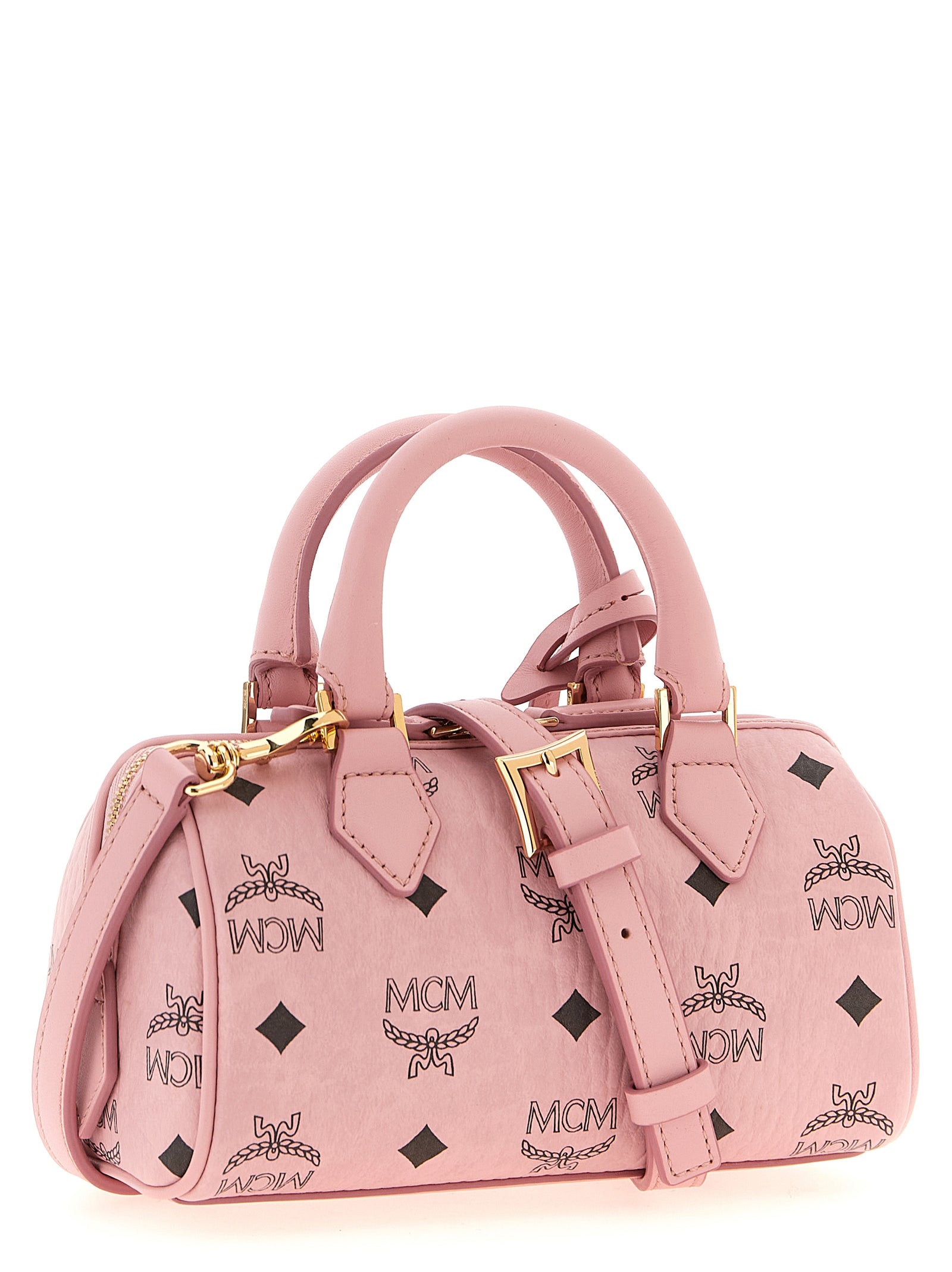 Travel Belt Pouch Handbag by MCM for women in nappa polyester polyethylene polyurethane leather gold, multicolor, pink & monogram features a signature silhouette, showcasing a secure zipper and signature with versatile shoulder-strap for a sophisticated look.