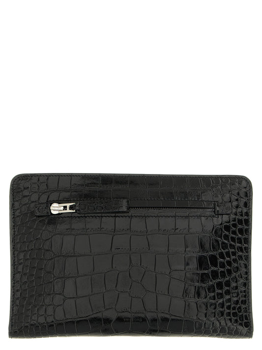 Clutch Handbag by Tom Ford for unisex in crocodile calfskin leather black, silver & print features a sculptural silhouette with a secure zipper, organized external-pockets, and versatile for a sculptural finish.