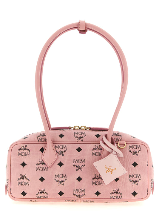 East West Shoulder Bag by MCM for women in suede polyethylene leather & coated canvas gold, multicolor, pink, patterned & monogram features a effortless chic silhouette with a secure zipper, ample cardholder, and versatile shoulder-strap, detachable-strap & handle for a effortless chic finish.