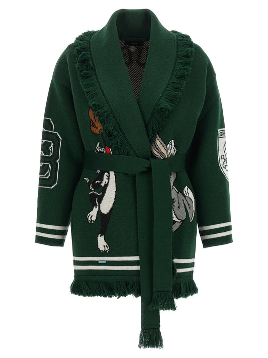 Cardigan by Alanui for women in virgin wool bicolour, green & jacquard showcases a luxurious silhouette, meticulously detailed with a sophisticated wrap shawl-collar neckline and for a refined finish.