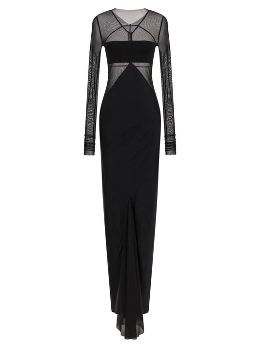 Dress by Rick Owens for women in silk nylon chiffon black & transparent presents a sinuous silhouette, showcasing a sophisticated boat neckline and long-sleeve detailed with a sinuous long for a refined finish.