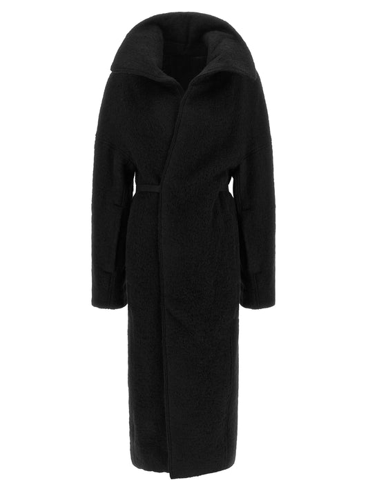 Overcoat by Rick Owens for women in marabou & alpaca wool black showcases a architectural silhouette, artfully detailed with a distinctive split neckline and functional pockets for a architectural finish.