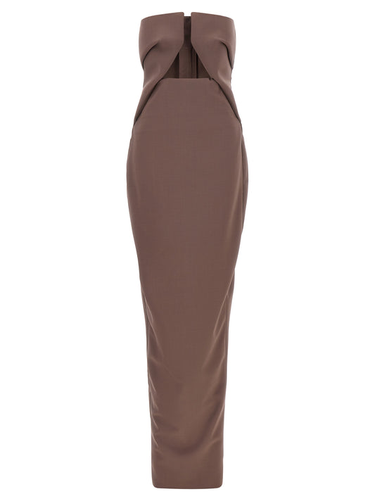 Dress by Rick Owens for women in satin wool brown presents a sinuous silhouette, showcasing a sophisticated split neckline and detailed with a sinuous long for a refined finish.