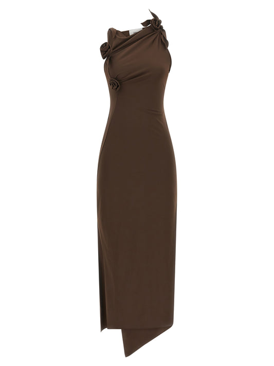 Dress by Coperni for women in polyamide satin brown & floral showcases a striking silhouette, elegantly detailed with a sleeveless, refined split neckline, and a striking long for a striking finish.