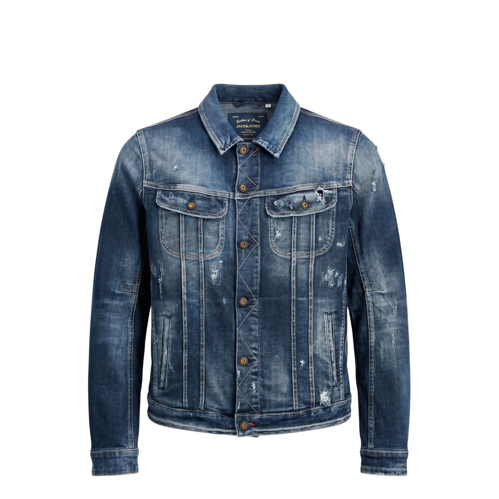 Trucker Jacket by Jack & Jones for men in stretch denim cotton polyester blue presents a effortlessly chic silhouette, showcasing a sophisticated and premium pockets for a truly effortlessly chic finish.