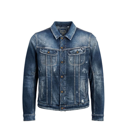 Trucker Jacket by Jack & Jones for men in stretch denim cotton polyester blue presents a effortlessly chic silhouette, showcasing a sophisticated and premium pockets for a truly effortlessly chic finish.