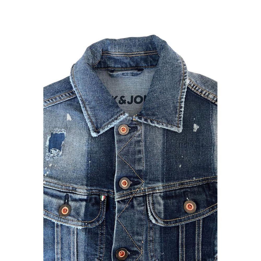 Trucker Jacket by Jack & Jones for men in stretch denim cotton polyester blue & signature showcases a bohemian silhouette, artfully detailed with a bohemian and signature pockets for a truly bohemian finish.